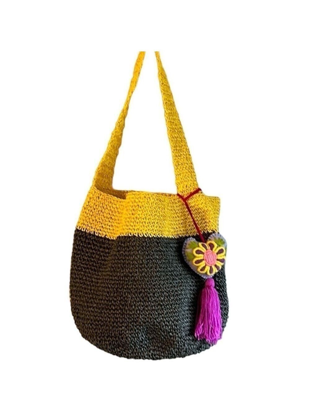 Woven Straw Bucket Bag with Shoulder Strap in Gray and Yellow with Tassel